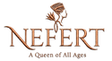 The logo for 'Nefert: A Queen of All Ages' features the word 'NEFERT' in a stylized copper-brown serif font, with a profile illustration of a pharaoh queen above it. The subtitle 'A Queen of All Ages' is written below in a matching brown font, all centered on a plain white background.